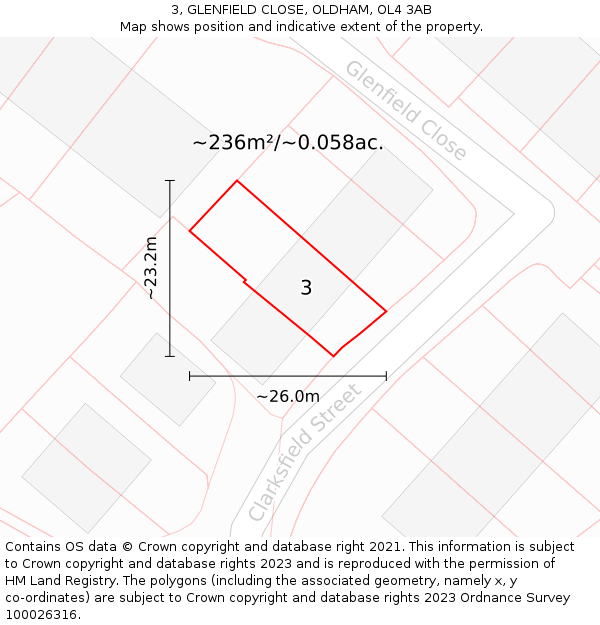 3, GLENFIELD CLOSE, OLDHAM, OL4 3AB: Plot and title map