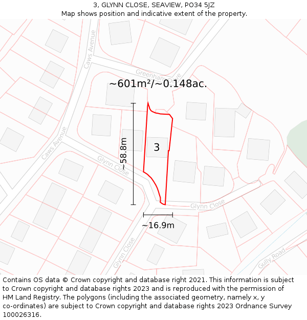 3, GLYNN CLOSE, SEAVIEW, PO34 5JZ: Plot and title map