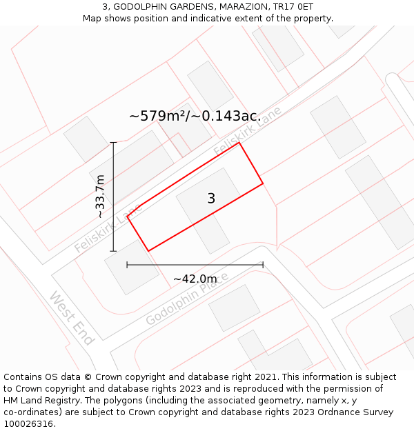 3, GODOLPHIN GARDENS, MARAZION, TR17 0ET: Plot and title map