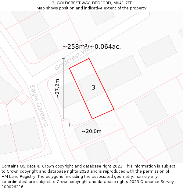 3, GOLDCREST WAY, BEDFORD, MK41 7FF: Plot and title map