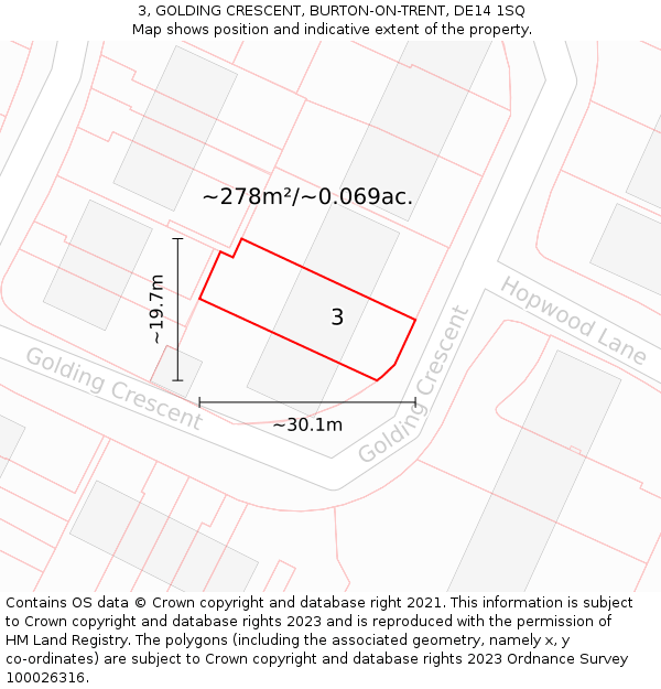 3, GOLDING CRESCENT, BURTON-ON-TRENT, DE14 1SQ: Plot and title map