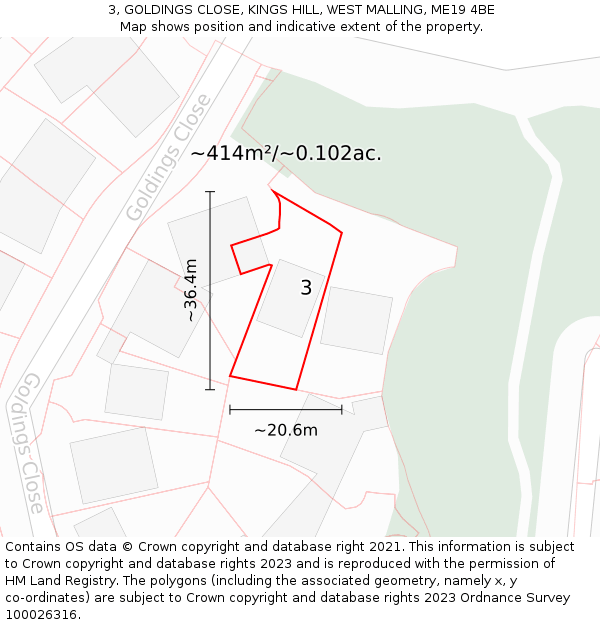 3, GOLDINGS CLOSE, KINGS HILL, WEST MALLING, ME19 4BE: Plot and title map