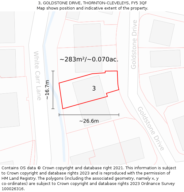 3, GOLDSTONE DRIVE, THORNTON-CLEVELEYS, FY5 3QF: Plot and title map