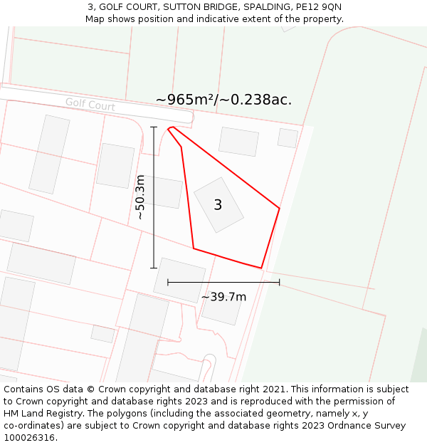 3, GOLF COURT, SUTTON BRIDGE, SPALDING, PE12 9QN: Plot and title map