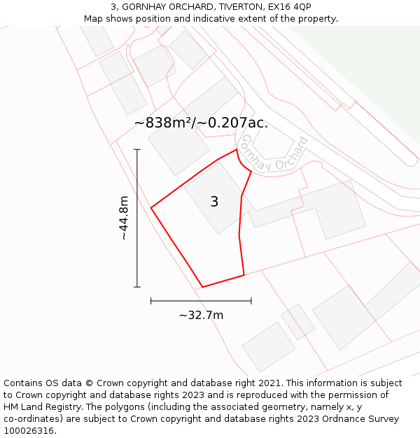 3, GORNHAY ORCHARD, TIVERTON, EX16 4QP: Plot and title map