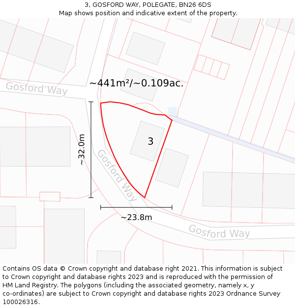 3, GOSFORD WAY, POLEGATE, BN26 6DS: Plot and title map