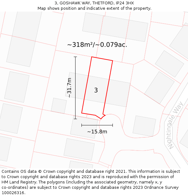 3, GOSHAWK WAY, THETFORD, IP24 3HX: Plot and title map