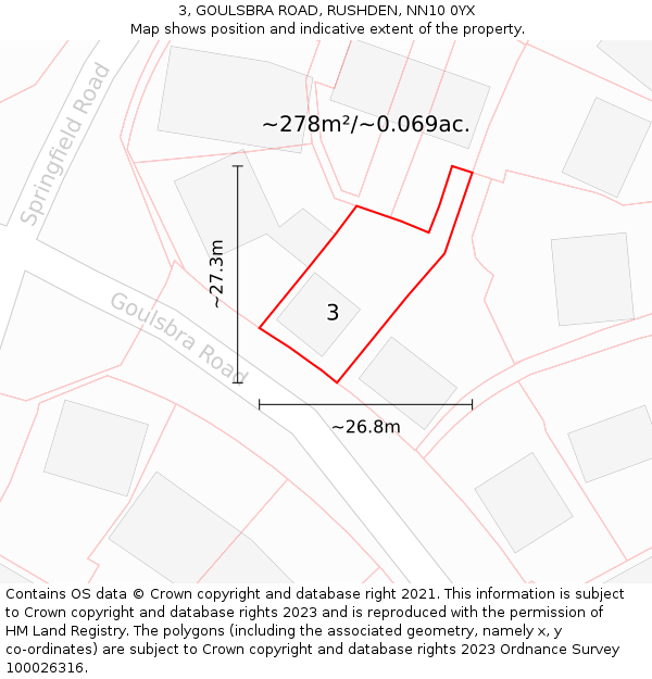 3, GOULSBRA ROAD, RUSHDEN, NN10 0YX: Plot and title map