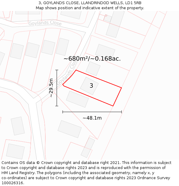 3, GOYLANDS CLOSE, LLANDRINDOD WELLS, LD1 5RB: Plot and title map