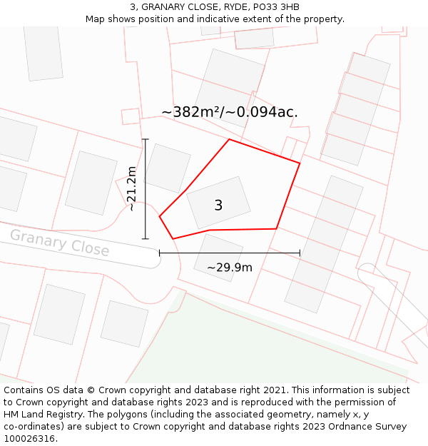 3, GRANARY CLOSE, RYDE, PO33 3HB: Plot and title map