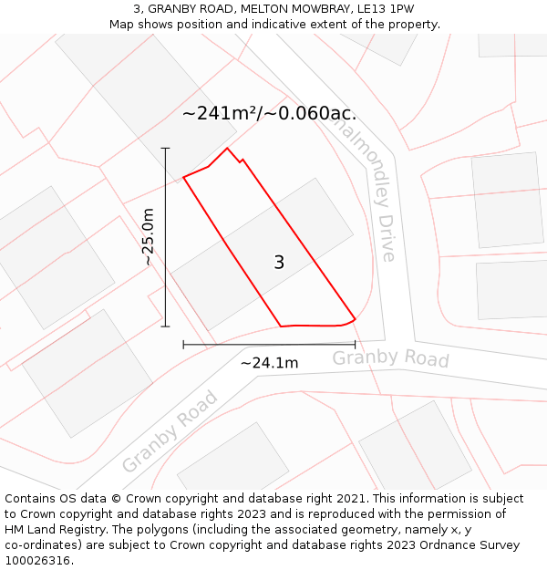 3, GRANBY ROAD, MELTON MOWBRAY, LE13 1PW: Plot and title map