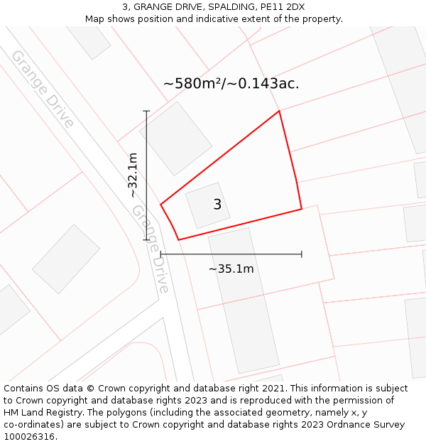 3, GRANGE DRIVE, SPALDING, PE11 2DX: Plot and title map