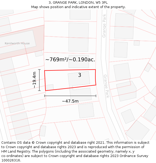 3, GRANGE PARK, LONDON, W5 3PL: Plot and title map