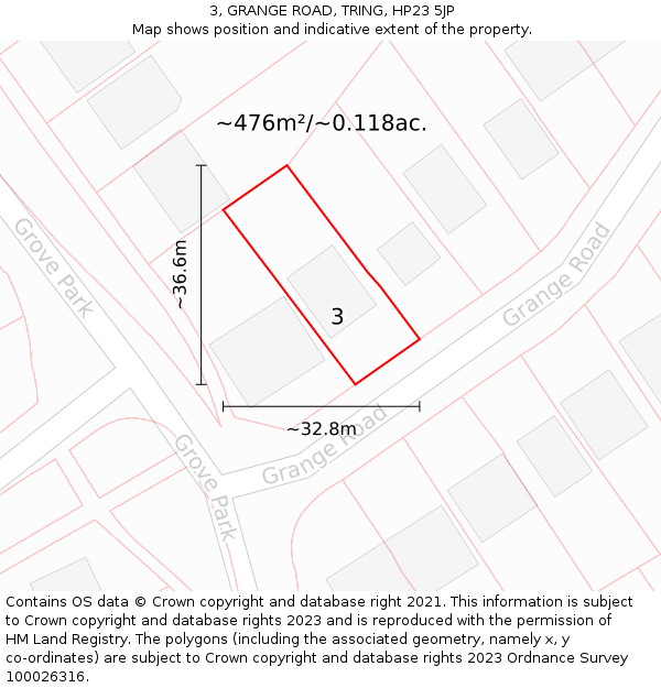3, GRANGE ROAD, TRING, HP23 5JP: Plot and title map