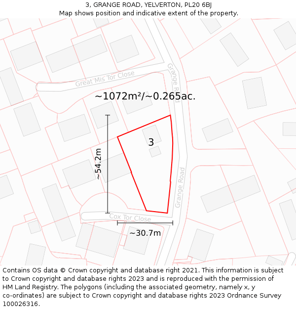 3, GRANGE ROAD, YELVERTON, PL20 6BJ: Plot and title map