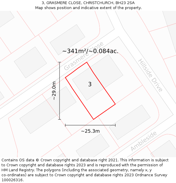 3, GRASMERE CLOSE, CHRISTCHURCH, BH23 2SA: Plot and title map