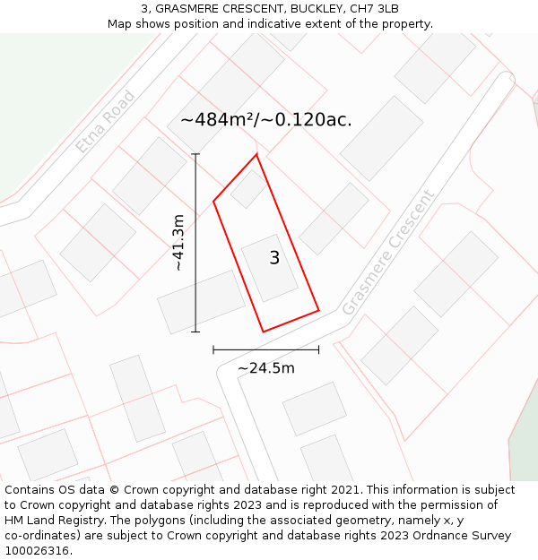 3, GRASMERE CRESCENT, BUCKLEY, CH7 3LB: Plot and title map