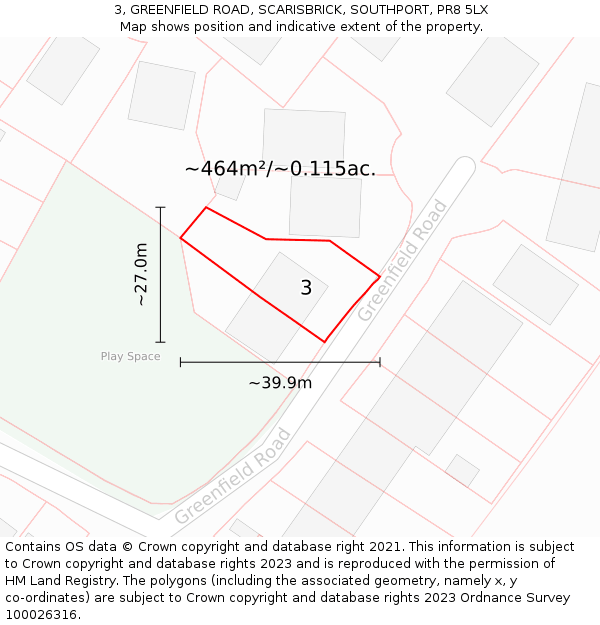 3, GREENFIELD ROAD, SCARISBRICK, SOUTHPORT, PR8 5LX: Plot and title map