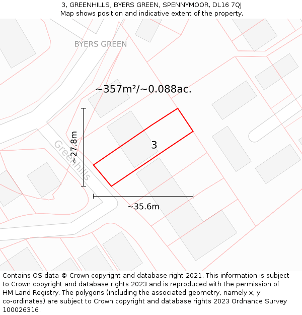 3, GREENHILLS, BYERS GREEN, SPENNYMOOR, DL16 7QJ: Plot and title map