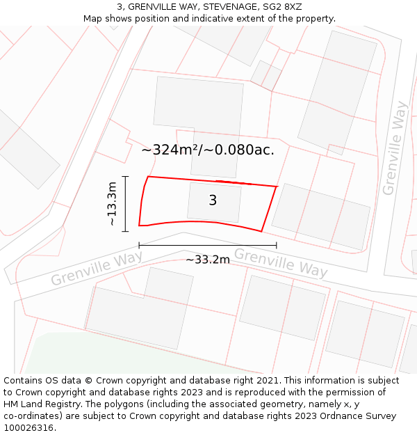 3, GRENVILLE WAY, STEVENAGE, SG2 8XZ: Plot and title map