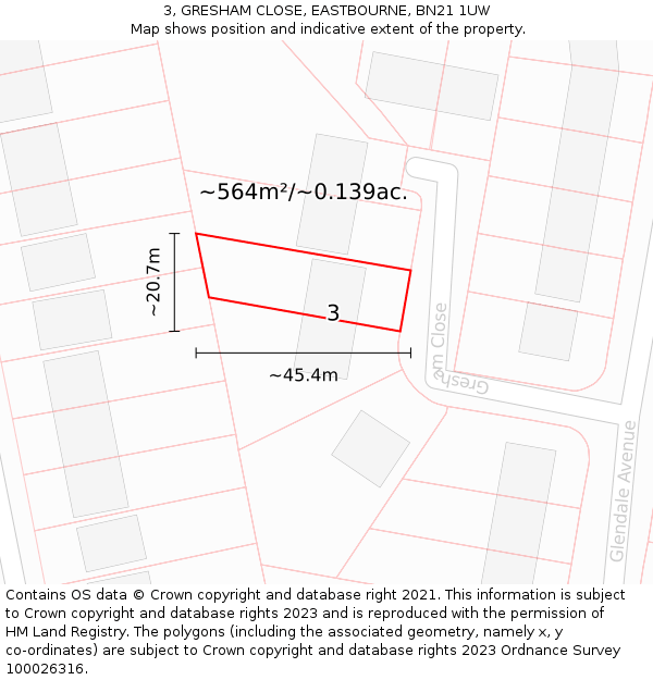 3, GRESHAM CLOSE, EASTBOURNE, BN21 1UW: Plot and title map