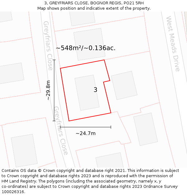 3, GREYFRIARS CLOSE, BOGNOR REGIS, PO21 5RH: Plot and title map