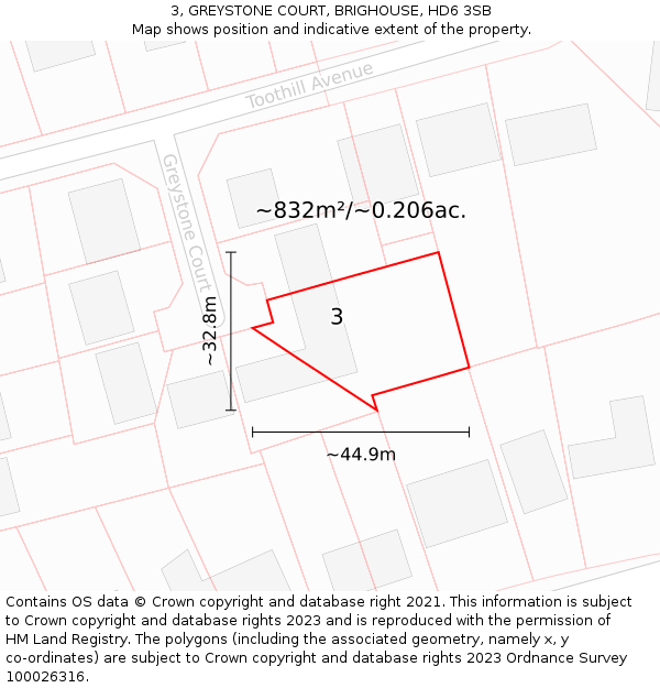 3, GREYSTONE COURT, BRIGHOUSE, HD6 3SB: Plot and title map