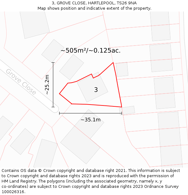 3, GROVE CLOSE, HARTLEPOOL, TS26 9NA: Plot and title map