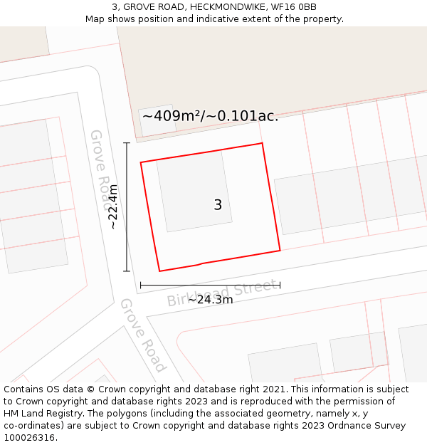 3, GROVE ROAD, HECKMONDWIKE, WF16 0BB: Plot and title map
