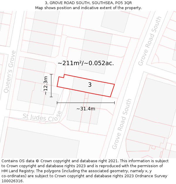 3, GROVE ROAD SOUTH, SOUTHSEA, PO5 3QR: Plot and title map