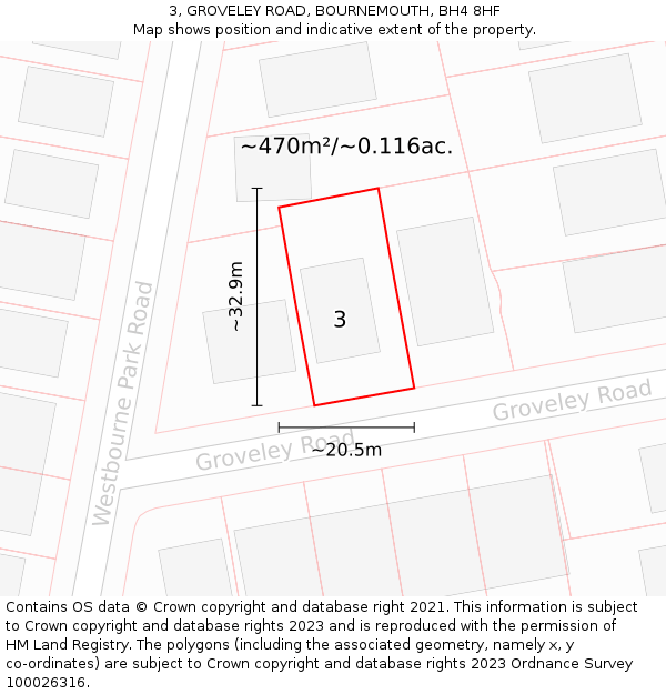 3, GROVELEY ROAD, BOURNEMOUTH, BH4 8HF: Plot and title map
