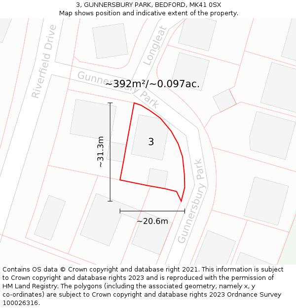 3, GUNNERSBURY PARK, BEDFORD, MK41 0SX: Plot and title map