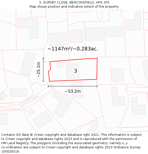 3, GURNEY CLOSE, BEACONSFIELD, HP9 1PX: Plot and title map