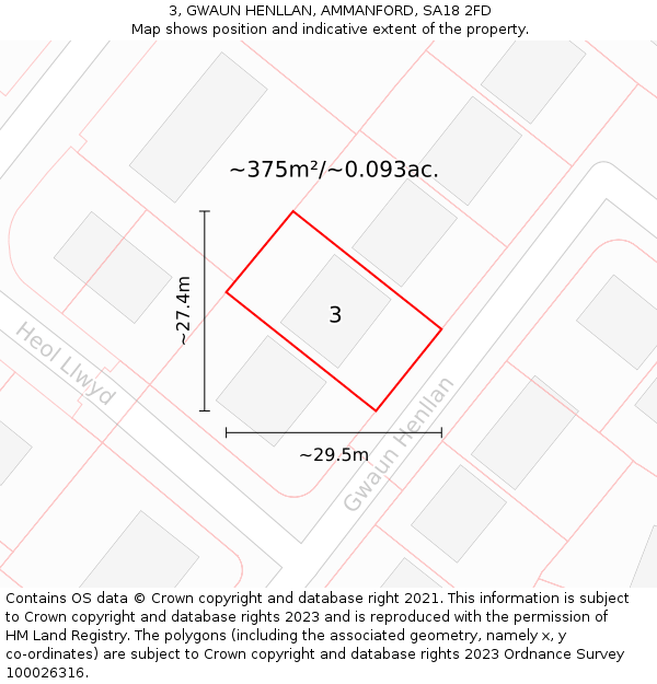 3, GWAUN HENLLAN, AMMANFORD, SA18 2FD: Plot and title map