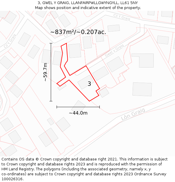 3, GWEL Y GRAIG, LLANFAIRPWLLGWYNGYLL, LL61 5NY: Plot and title map