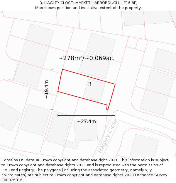 3, HAGLEY CLOSE, MARKET HARBOROUGH, LE16 8EJ: Plot and title map