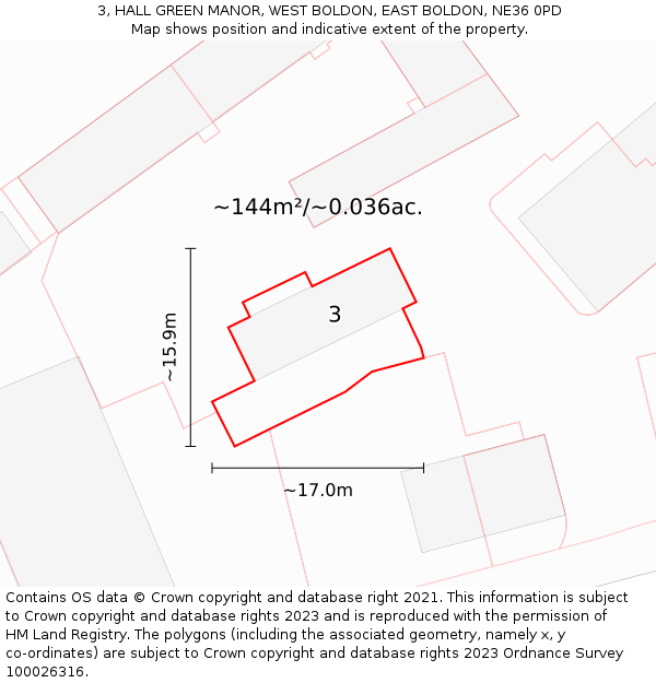 3, HALL GREEN MANOR, WEST BOLDON, EAST BOLDON, NE36 0PD: Plot and title map