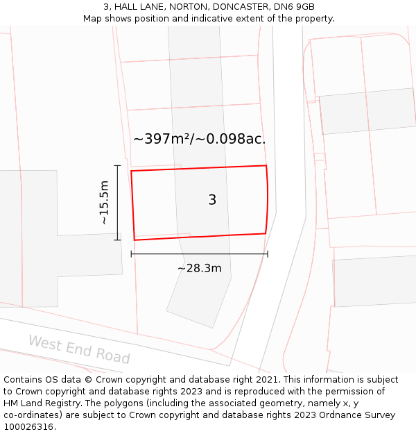 3, HALL LANE, NORTON, DONCASTER, DN6 9GB: Plot and title map