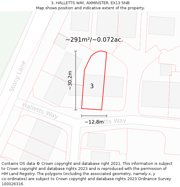 3, HALLETTS WAY, AXMINSTER, EX13 5NB: Plot and title map