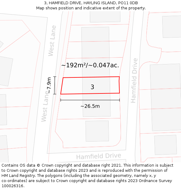 3, HAMFIELD DRIVE, HAYLING ISLAND, PO11 0DB: Plot and title map