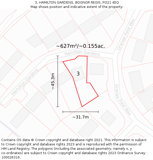 3, HAMILTON GARDENS, BOGNOR REGIS, PO21 4EQ: Plot and title map