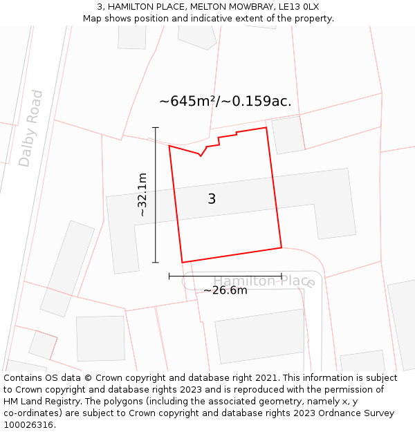 3, HAMILTON PLACE, MELTON MOWBRAY, LE13 0LX: Plot and title map