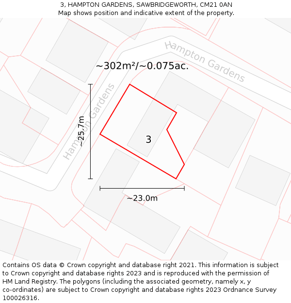 3, HAMPTON GARDENS, SAWBRIDGEWORTH, CM21 0AN: Plot and title map