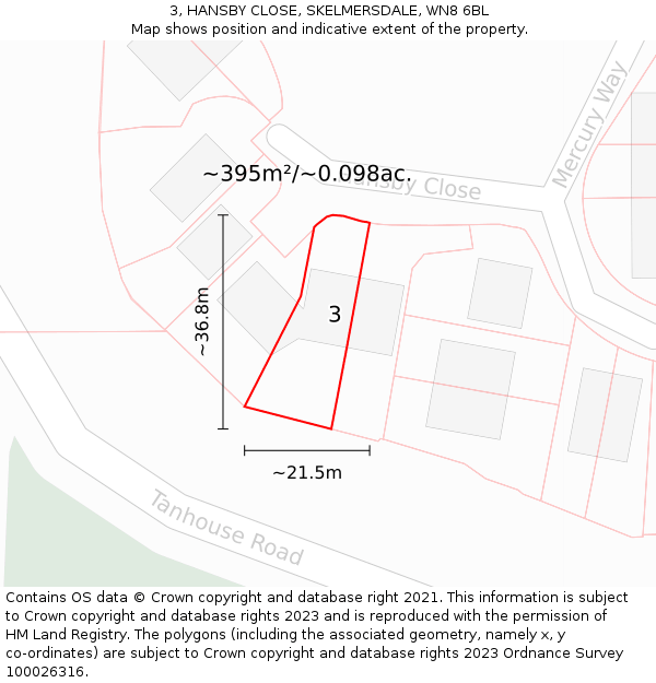 3, HANSBY CLOSE, SKELMERSDALE, WN8 6BL: Plot and title map