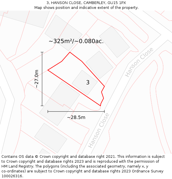 3, HANSON CLOSE, CAMBERLEY, GU15 1PX: Plot and title map