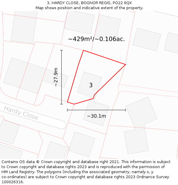 3, HARDY CLOSE, BOGNOR REGIS, PO22 6QX: Plot and title map