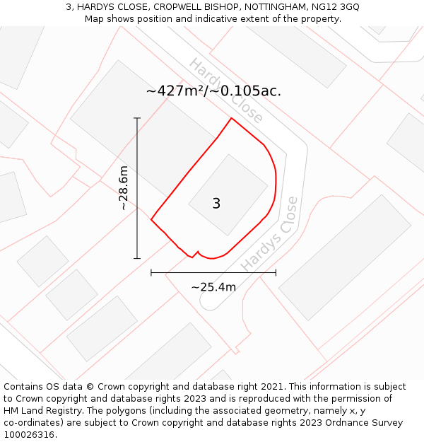 3, HARDYS CLOSE, CROPWELL BISHOP, NOTTINGHAM, NG12 3GQ: Plot and title map