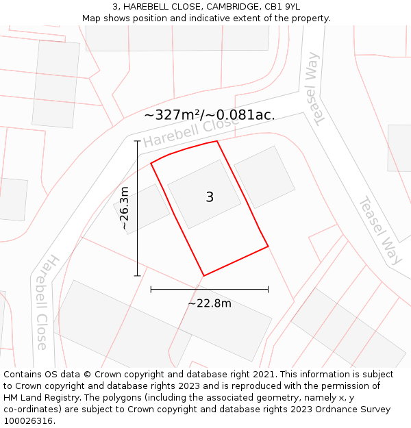 3, HAREBELL CLOSE, CAMBRIDGE, CB1 9YL: Plot and title map