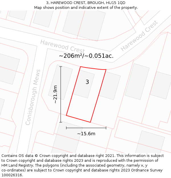 3, HAREWOOD CREST, BROUGH, HU15 1QD: Plot and title map