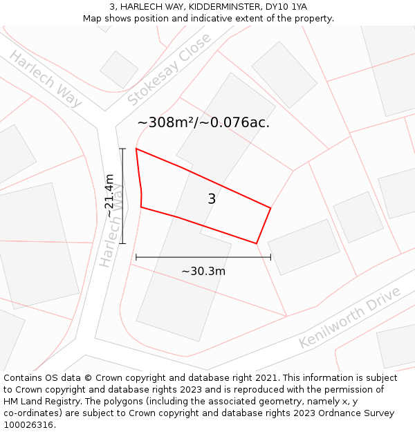 3, HARLECH WAY, KIDDERMINSTER, DY10 1YA: Plot and title map